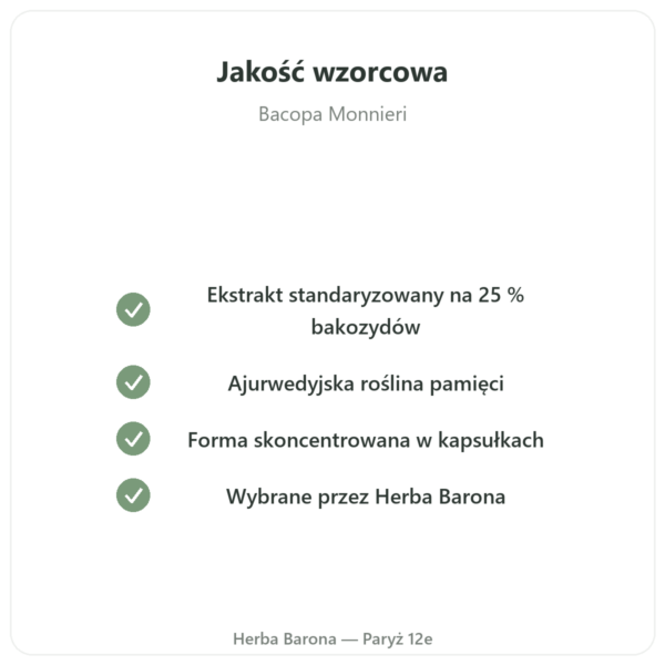 Bacopa Monnieri (bakozydy) Ekstrakt – Flakon 60 kapsułek jakość Paris Herba Barona