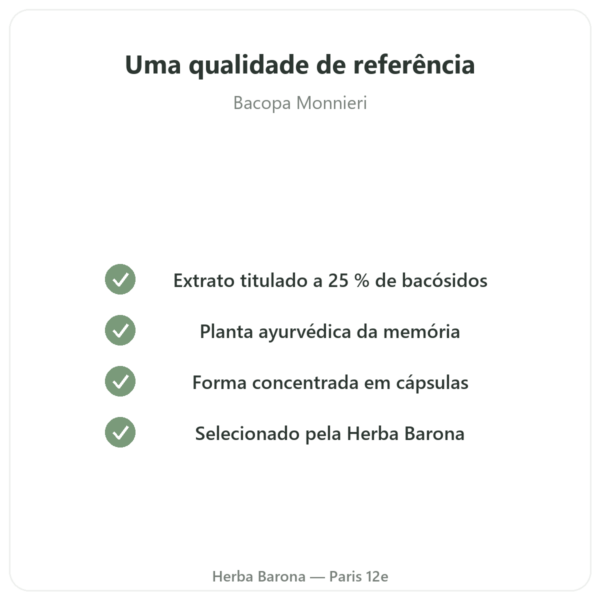 Bacopa Monnieri (bacosídeos) Extrato – Frasco de 60 cápsulas qualidade Paris Herba Barona