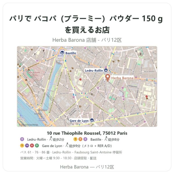 Where to find バコパ(ブラーミー)パウダー 150 g in Paris - store map Herba Barona Paris 12e