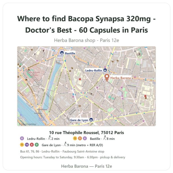 Where to find Bacopa Synapsa 320mg - Doctor's Best - 60 Capsules in Paris - store map Herba Barona Paris 12e