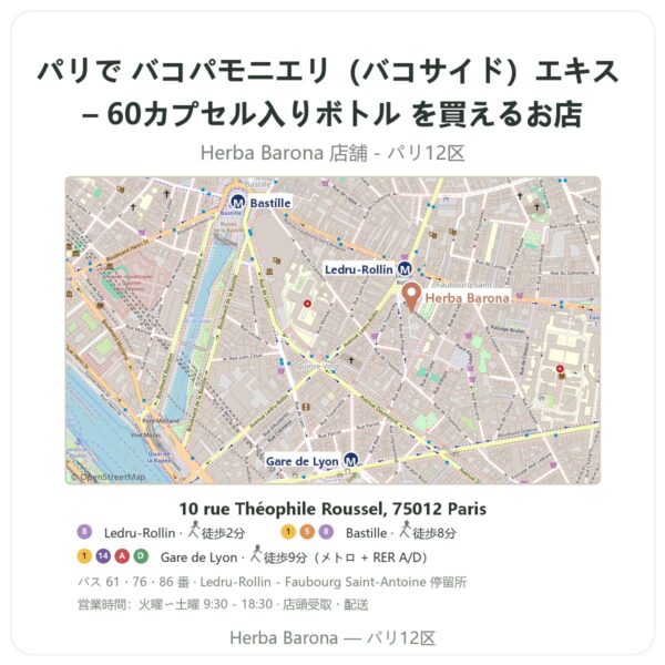 Where to find バコパモニエリ(バコサイド)エキス – 60カプセル入りボトル in Paris - store map Herba Barona Paris 12e