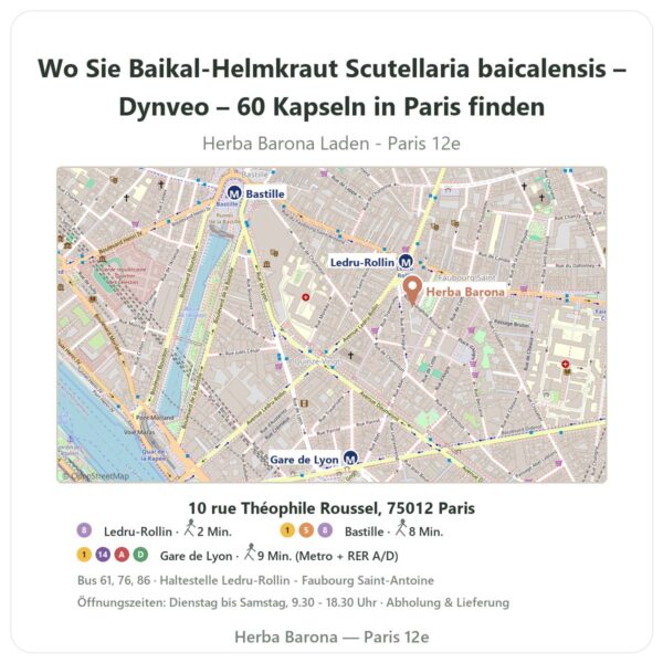 Wo finden Sie Baikal-Helmkraut Scutellaria baicalensis – Dynveo – 60 Kapseln in Paris - Ladenplan Herba Barona Paris 12e
