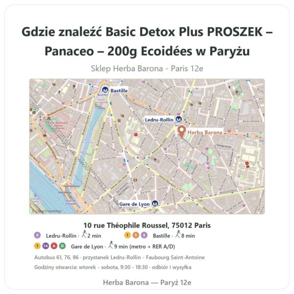 Gdzie znaleźć Basic Detox Plus PROSZEK – Panaceo – 200g Ecoidées w Paryżu - mapa sklepu Herba Barona Paris 12e