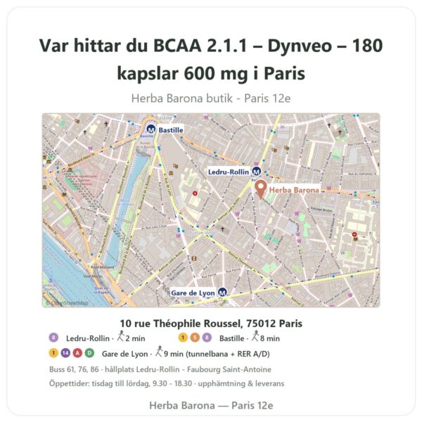 Var hittar du BCAA 2.1.1 – Dynveo – 180 kapslar 600 mg i Paris - butikskarta Herba Barona Paris 12e
