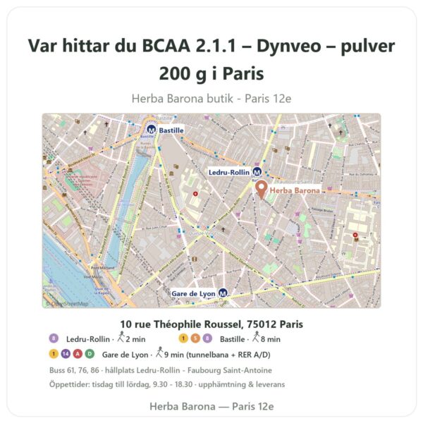 Var hittar du BCAA 2.1.1 – Dynveo – pulver 200 g i Paris - butikskarta Herba Barona Paris 12e