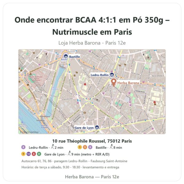 Onde encontrar BCAA 4:1:1 em Pó 350g – Nutrimuscle em Paris - mapa da loja Herba Barona Paris 12e
