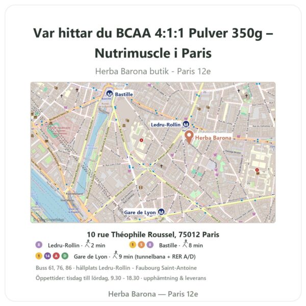 Var hittar du BCAA 4:1:1 Pulver 350g – Nutrimuscle i Paris - butikskarta Herba Barona Paris 12e