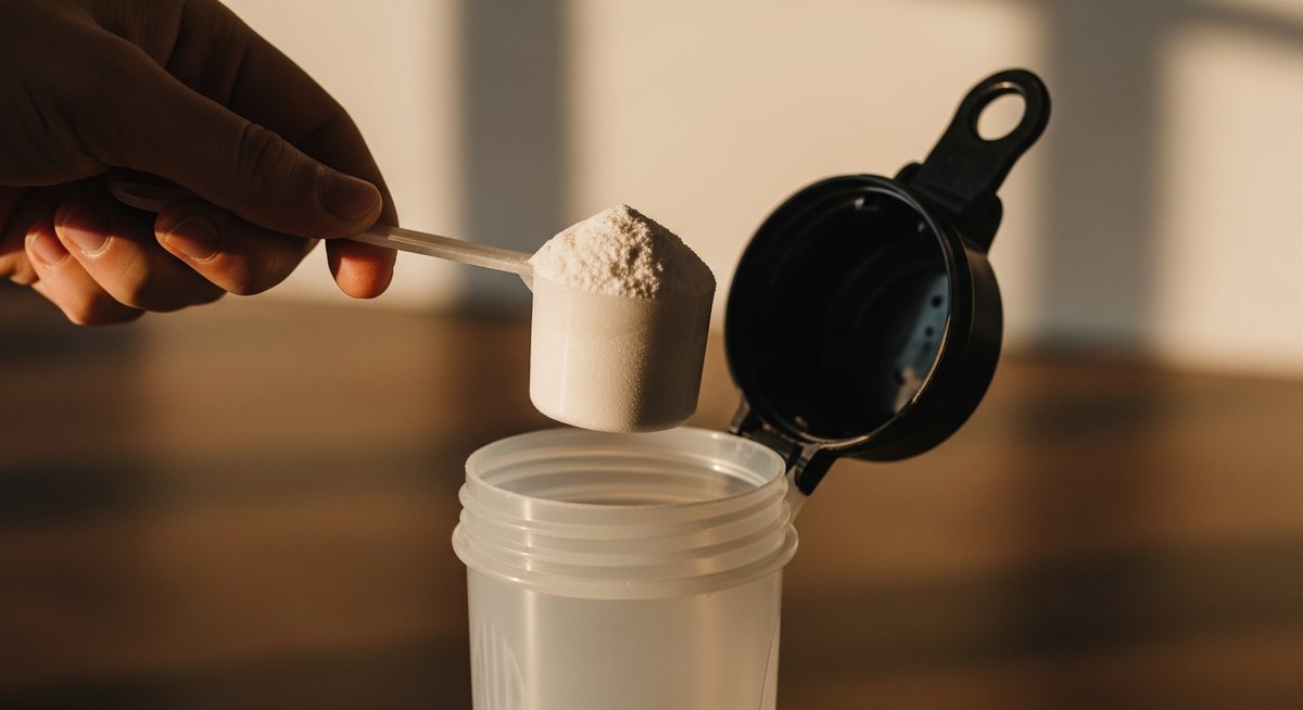 Doză de proteină pudră deasupra unui shaker, Herba Barona Paris