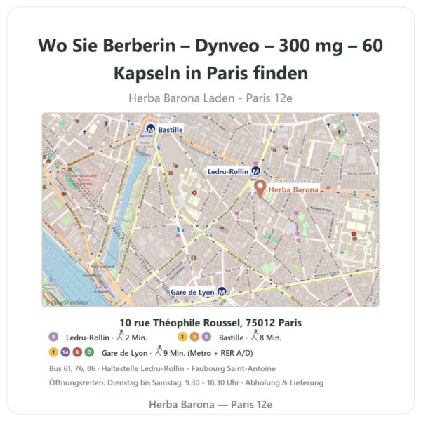Wo finden Sie Berberin – Dynveo – 300 mg – 60 Kapseln in Paris - Ladenplan Herba Barona Paris 12e