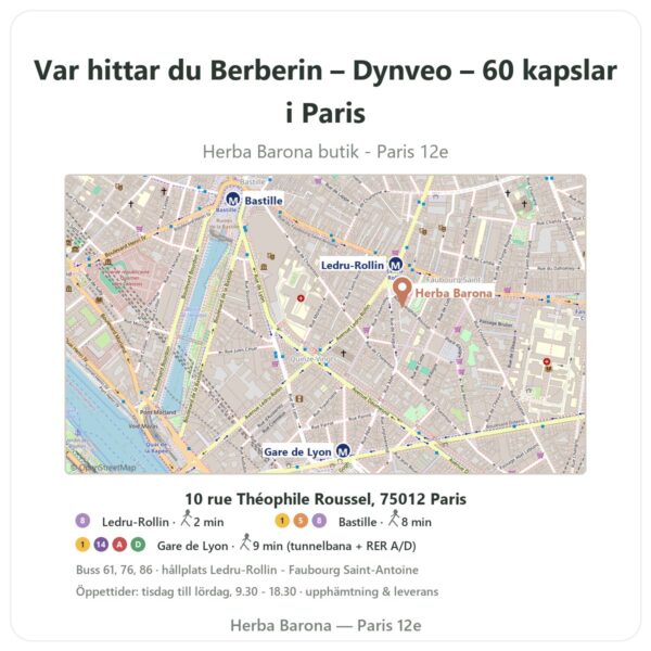 Var hittar du Berberin – Dynveo – 60 kapslar i Paris - butikskarta Herba Barona Paris 12e