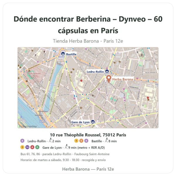 Dónde encontrar Berberina – Dynveo – 60 cápsulas en París - plano de la tienda Herba Barona Paris 12e