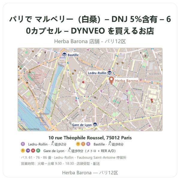 Where to find マルベリー(白桑)– DNJ 5%含有 – 60カプセル – DYNVEO in Paris - store map Herba Barona Paris 12e