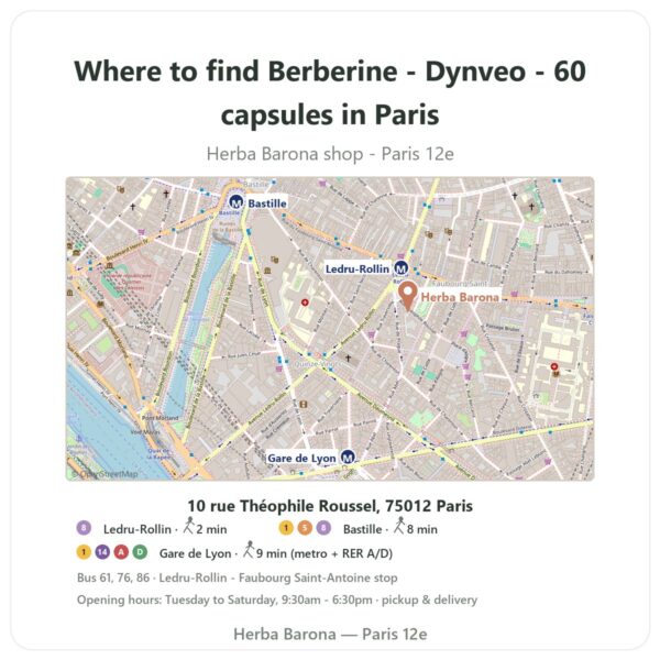 Where to find Berberine - Dynveo - 60 capsules in Paris - store map Herba Barona Paris 12e