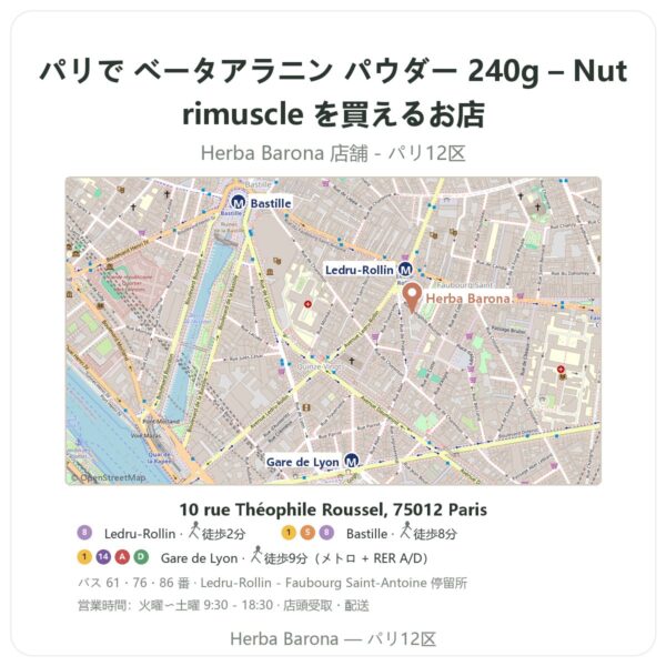 Where to find ベータアラニン パウダー 240g – Nutrimuscle in Paris - store map Herba Barona Paris 12e