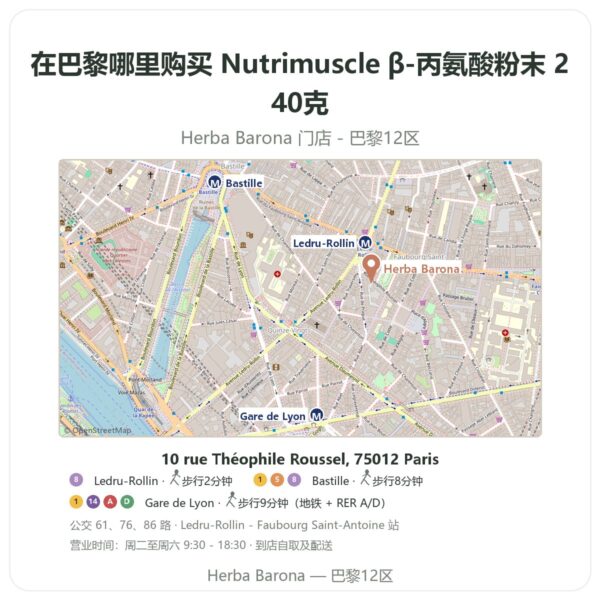 Nutrimuscle β-丙氨酸粉末 240克 巴黎哪里能买到 - 门店地图 Herba Barona Paris 12e