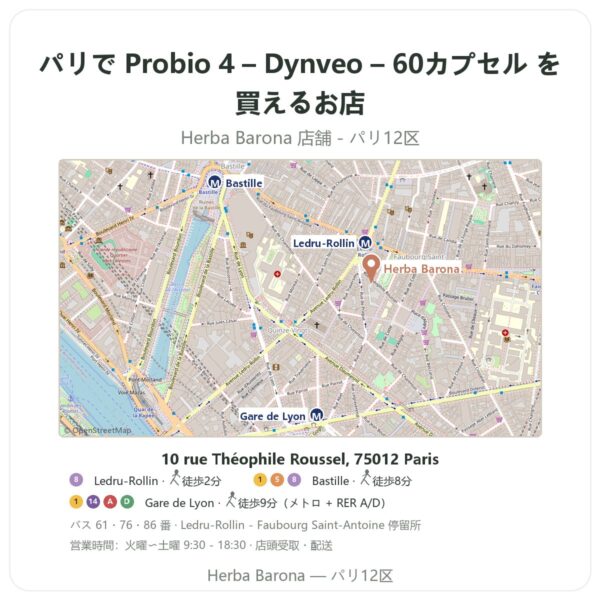 Where to find Probio 4 – Dynveo – 60カプセル in Paris - store map Herba Barona Paris 12e