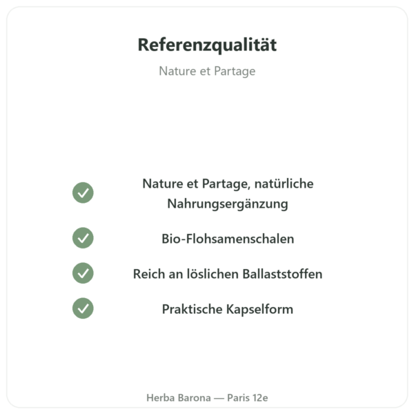 Bio-Flohsamenschalen 500 mg – 120 Kapseln – Nature et Partage Qualität Paris Herba Barona