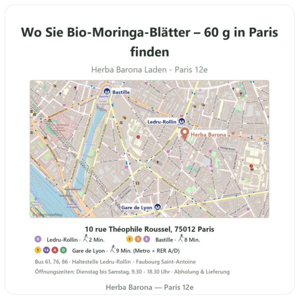 Wo finden Sie Bio-Moringa-Blätter – 60 g in Paris - Ladenplan Herba Barona Paris 12e