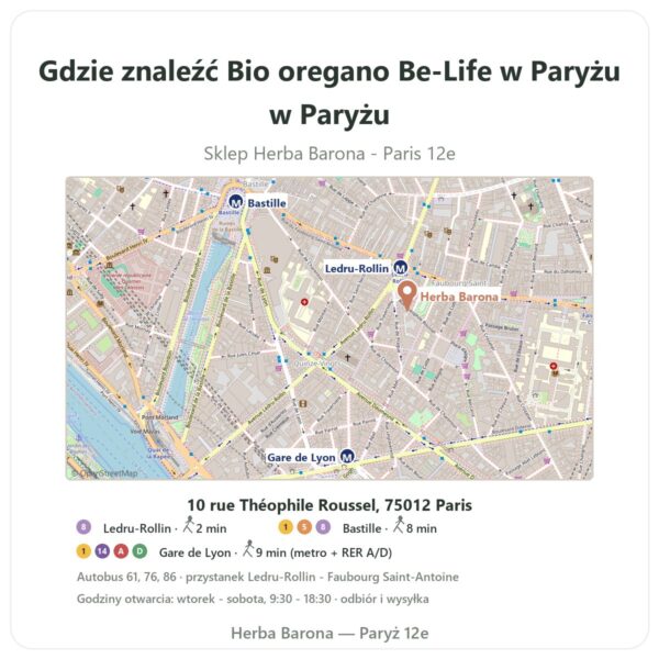 Gdzie znaleźć Bio oregano Be-Life w Paryżu w Paryżu - mapa sklepu Herba Barona Paris 12e