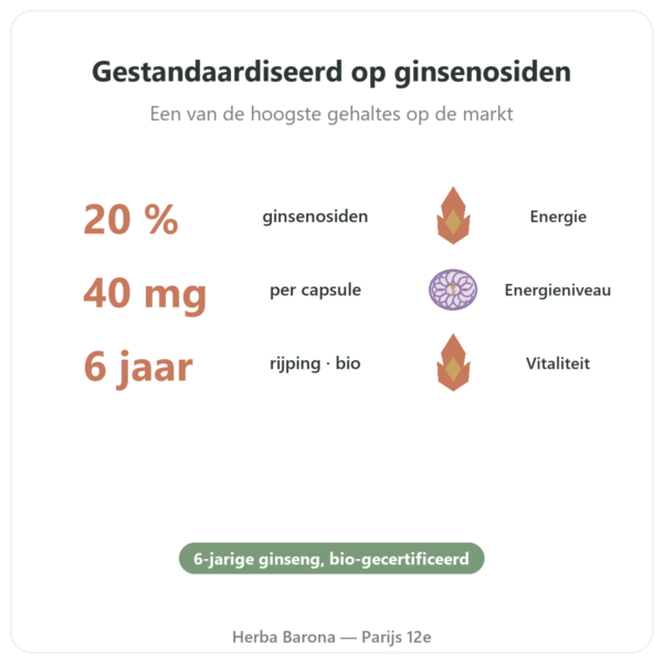 Bio Rode Ginseng – Dynveo – 20% Ginsenosiden – 200 mg – 60 caps. voordelen en kerngegevens Paris Herba Barona