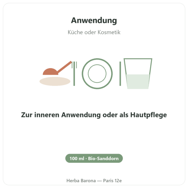 Bio-Sanddornöl – 100 ml – Hautpflege & Schleimhäute Omega-7 – Biokhaan Anwendung und Dosierung Paris Herba Barona