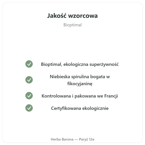 Bio spirulina błękitna w proszku 50 g Bioptimal jakość Paris Herba Barona