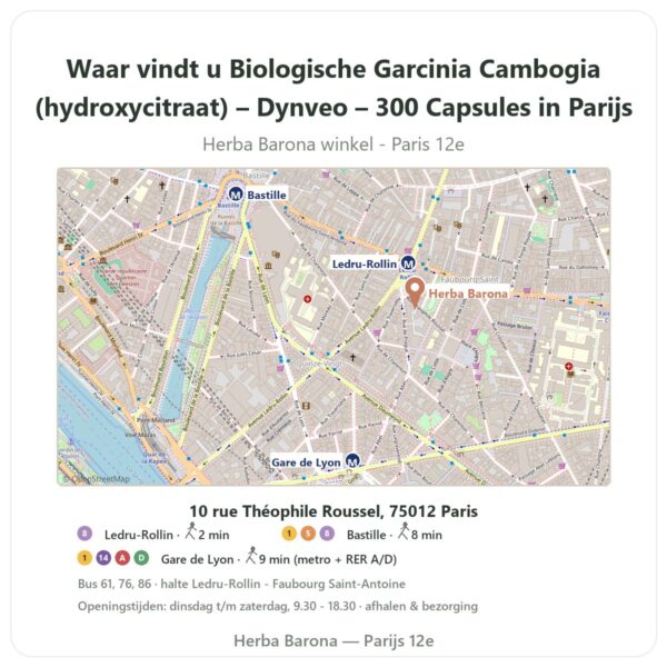 Waar vindt u Biologische Garcinia Cambogia (hydroxycitraat) – Dynveo – 300 Capsules in Parijs - winkelplattegrond Herba Barona Paris 12e