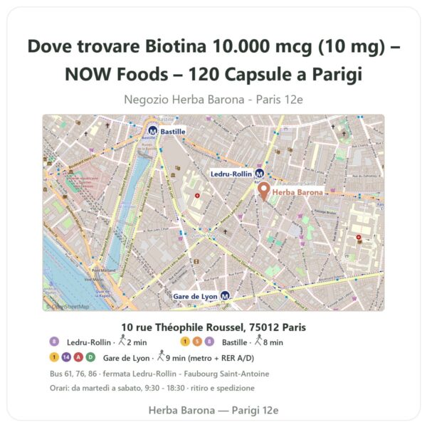 Dove trovare Biotina 10.000 mcg (10 mg) – NOW Foods – 120 Capsule a Parigi - mappa del negozio Herba Barona Paris 12e