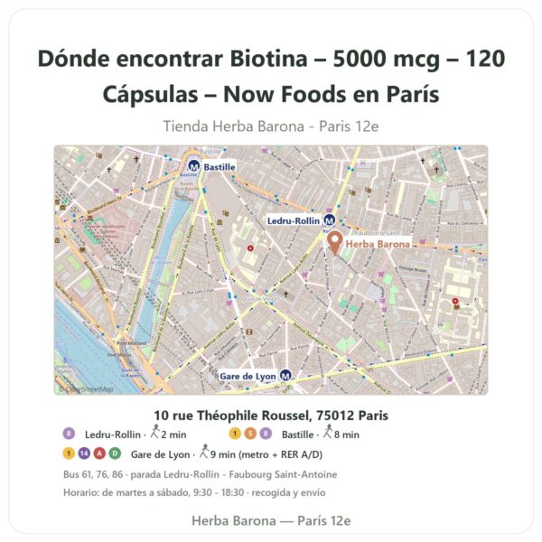 Dónde encontrar Biotina – 5000 mcg – 120 Cápsulas – Now Foods en París - plano de la tienda Herba Barona Paris 12e