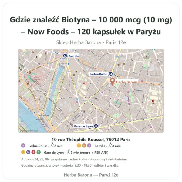 Gdzie znaleźć Biotyna – 10 000 mcg (10 mg) – Now Foods – 120 kapsułek w Paryżu - mapa sklepu Herba Barona Paris 12e