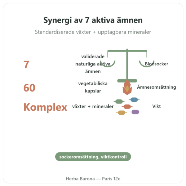 Blodsocker 7 – Komplex med 7 aktiva ämnen – 60 kapslar – Dynveo fördelar och nyckelfakta Paris Herba Barona