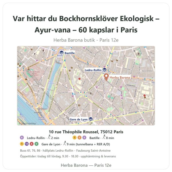 Var hittar du Bockhornsklöver Ekologisk – Ayur-vana – 60 kapslar i Paris - butikskarta Herba Barona Paris 12e