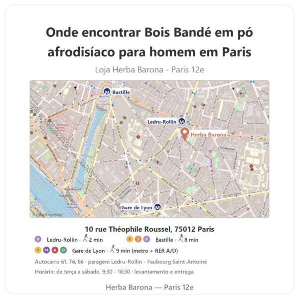 Onde encontrar Bois Bandé em pó afrodisíaco para homem em Paris - mapa da loja Herba Barona Paris 12e