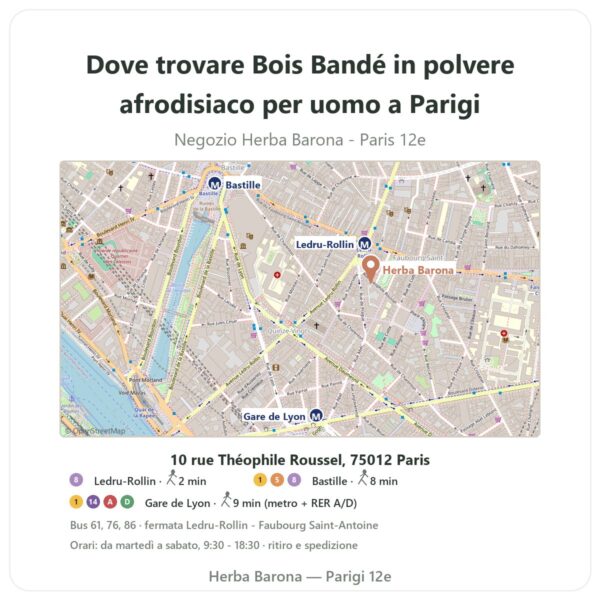 Dove trovare Bois Bandé in polvere afrodisiaco per uomo a Parigi - mappa del negozio Herba Barona Paris 12e
