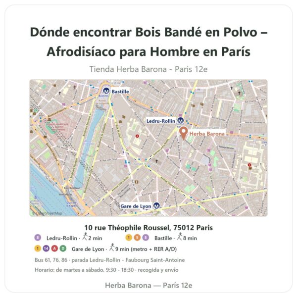 Dónde encontrar Bois Bandé en Polvo – Afrodisíaco para Hombre en París - plano de la tienda Herba Barona Paris 12e