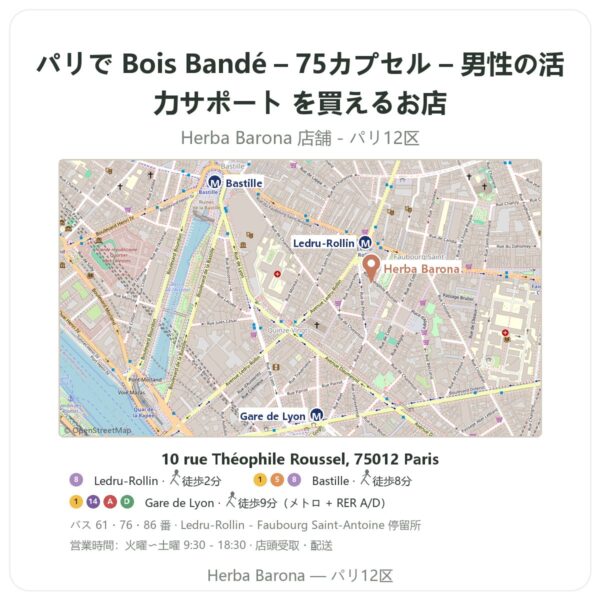 Where to find Bois Bandé – 75カプセル – 男性の活力サポート in Paris - store map Herba Barona Paris 12e