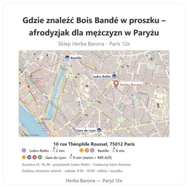 Gdzie znaleźć Bois Bandé w proszku – afrodyzjak dla mężczyzn w Paryżu - mapa sklepu Herba Barona Paris 12e