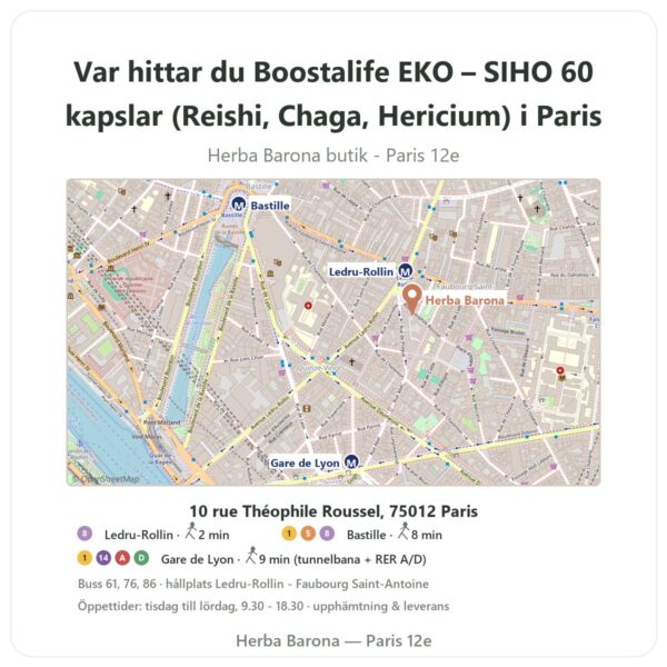 Var hittar du Boostalife EKO – SIHO 60 kapslar (Reishi, Chaga, Hericium) i Paris - butikskarta Herba Barona Paris 12e