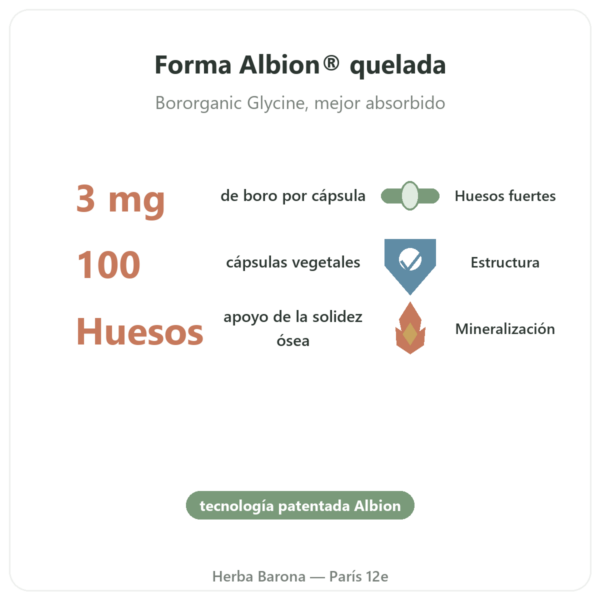 Boro 3 mg – 100 Cápsulas Vegetales – Now Foods Albion beneficios y datos clave Paris Herba Barona