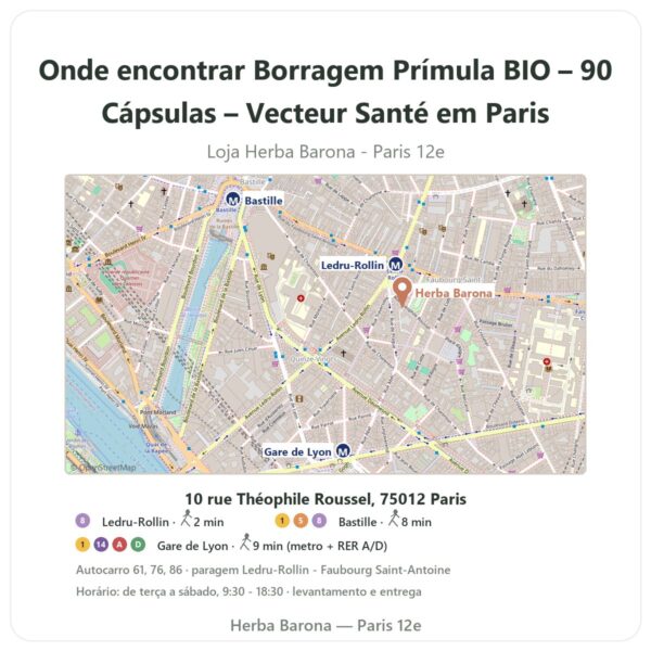 Onde encontrar Borragem Prímula BIO – 90 Cápsulas – Vecteur Santé em Paris - mapa da loja Herba Barona Paris 12e