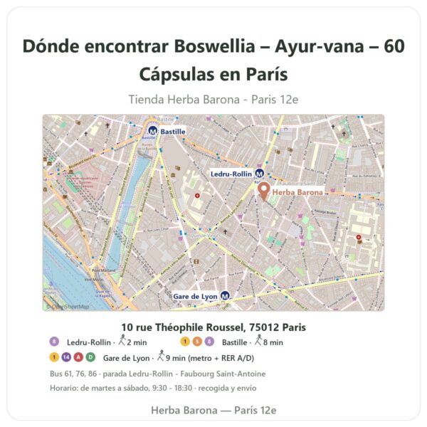 Dónde encontrar Boswellia – Ayur-vana – 60 Cápsulas en París - plano de la tienda Herba Barona Paris 12e