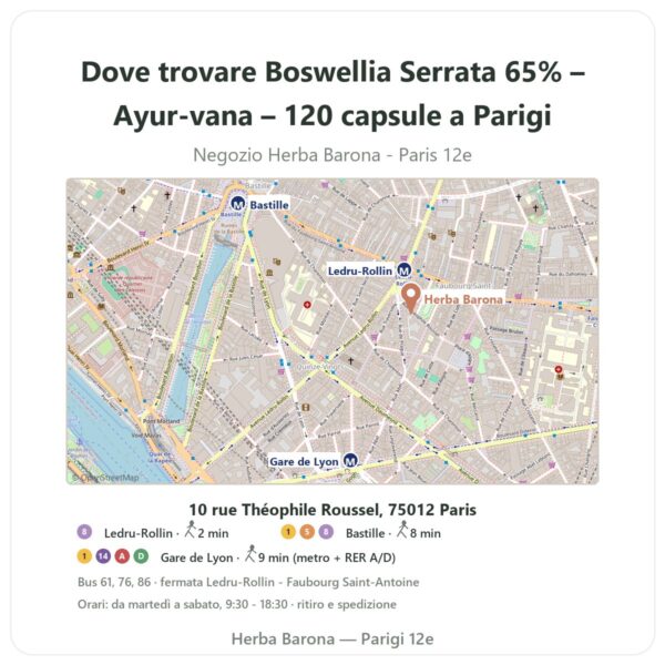 Dove trovare Boswellia Serrata 65% – Ayur-vana – 120 capsule a Parigi - mappa del negozio Herba Barona Paris 12e