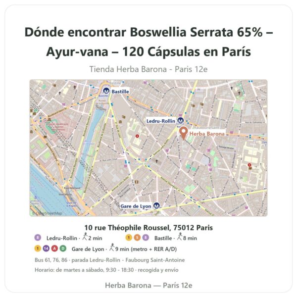 Dónde encontrar Boswellia Serrata 65% – Ayur-vana – 120 Cápsulas en París - plano de la tienda Herba Barona Paris 12e