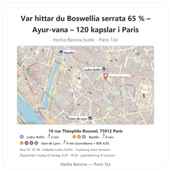 Var hittar du Boswellia serrata 65 % – Ayur-vana – 120 kapslar i Paris - butikskarta Herba Barona Paris 12e