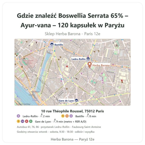 Gdzie znaleźć Boswellia Serrata 65% – Ayur-vana – 120 kapsułek w Paryżu - mapa sklepu Herba Barona Paris 12e