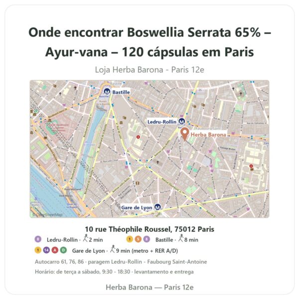 Onde encontrar Boswellia Serrata 65% – Ayur-vana – 120 cápsulas em Paris - mapa da loja Herba Barona Paris 12e