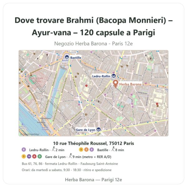 Dove trovare Brahmi (Bacopa Monnieri) – Ayur-vana – 120 capsule a Parigi - mappa del negozio Herba Barona Paris 12e