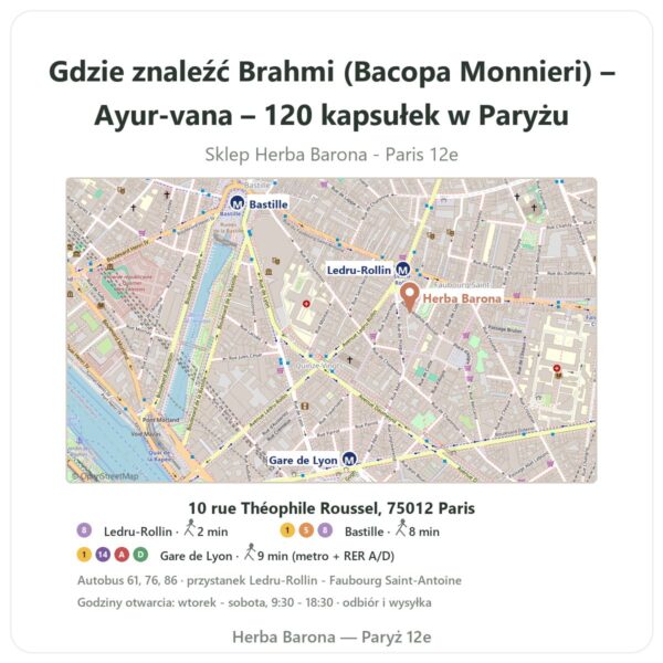 Gdzie znaleźć Brahmi (Bacopa Monnieri) – Ayur-vana – 120 kapsułek w Paryżu - mapa sklepu Herba Barona Paris 12e