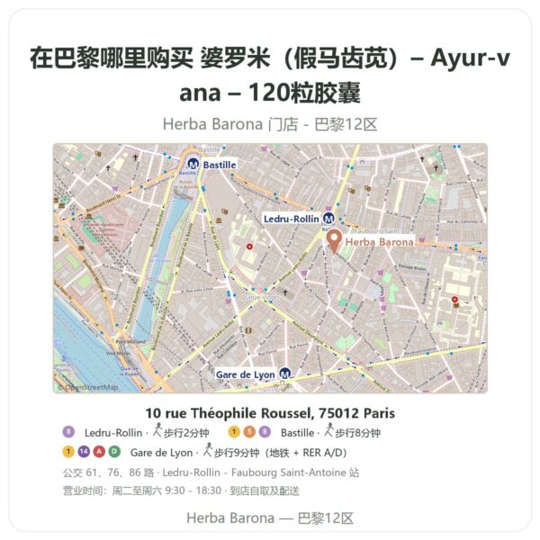 婆罗米(假马齿苋)– Ayur-vana – 120粒胶囊 巴黎哪里能买到 - 门店地图 Herba Barona Paris 12e