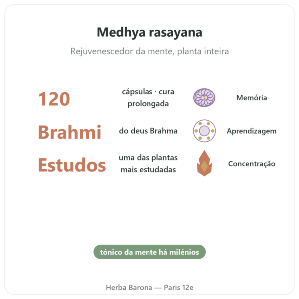 Brahmi (Bacopa Monnieri) – Ayur-vana – 120 cápsulas benefícios e dados principais Paris Herba Barona
